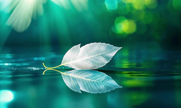 Single leaf floating on teal water, reflecting its image.