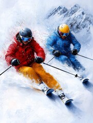 A pair of skiers racing down a snow-covered mountain