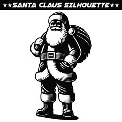 Santa Claus silhouette full of gifts and christmas tree. Merry christmas and Happy new year decoration. Vector on eps 10