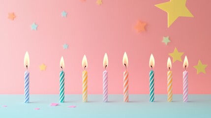 Seven lit birthday candles on pastel background.
