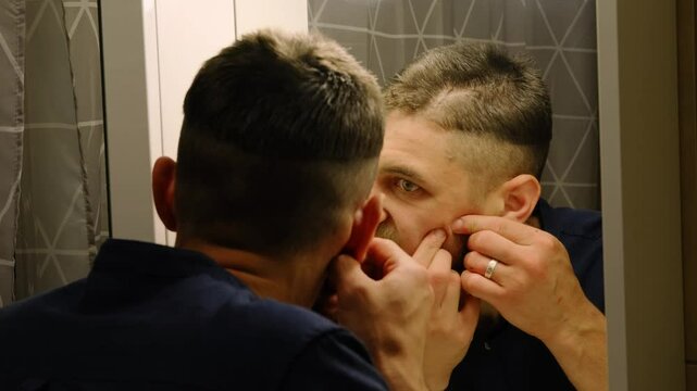 Man with pimple on his face. The guy squeezes out pimples on his face while standing in the bathroom in front of the mirror in the morning
