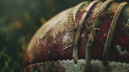 A detailed shot of a rugby ball with grass stains.