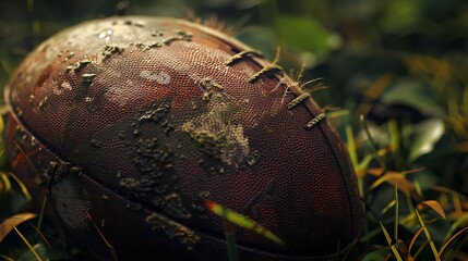 A detailed shot of a rugby ball with grass stains.
