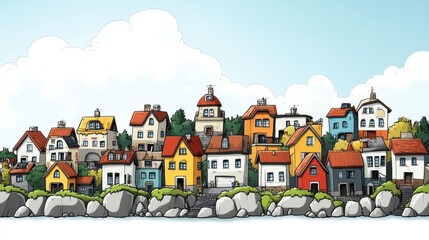 Naklejka premium Coastal Village with Colorful Houses and Rocks