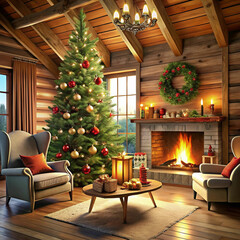 A cozy chalet living room adorned with Christmas decorations, featuring