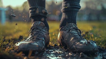 A detailed shot of a rugby player's boots.