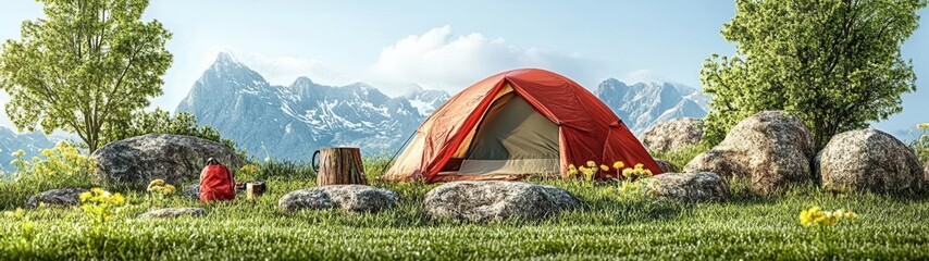 Red Tent in Mountain Meadow Landscape
