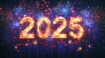 Vibrant fireworks illuminate the year 2025 in a dazzling night sky.