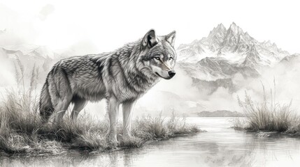 Here's a  and keyword list for your image.. Majestic wolf standing by a serene lake, mountains in the background.