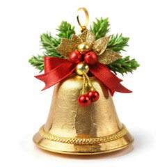 A festive Christmas bell decoration with gold accents, a red bow, and holly leaves,