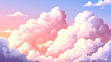 Above the clouds: sunlit sky with white puffy clouds. Nimbus. Illustration