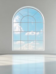 Fototapeta premium Bright and Airy Room with Arched Window - A spacious interior featuring an elegant arched window that frames a beautiful sky, symbolizing openness and tranquility.