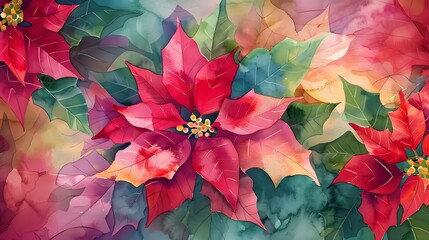Fototapeta premium A vibrant watercolor illustration of poinsettias surrounded by colorful foliage.