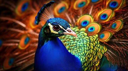 Obraz premium A vibrant peacock showcasing its colorful plumage against a striking background.