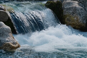 Water cascading over rocks creates frothy white foam, a serene natural scene.