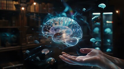 Showcase a brain concept with vintage hands interacting with floating holographic elements. 