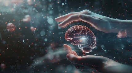 Showcase a brain concept with vintage hands interacting with floating holographic elements. 