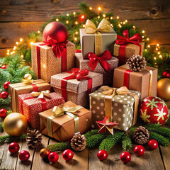 A collection of Christmas gifts wrapped in colorful paper with festive ribbons and bows