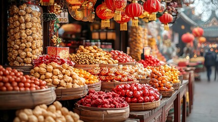 Obraz premium A festive market stall showcasing red envelopes, ornaments, and symbolic decorations for prosperity