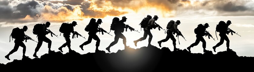 Fototapeta premium Soldiers Silhouettes Ascending Mountain at Sunset.