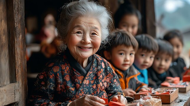 An elder sharing stories with children as they eagerly receive red envelopes during a cultural celebration