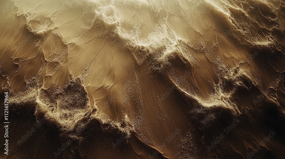 Poster soft waves lap against the dark mocha sand, pushing and retreating in rhythmic motion. the warm hues
