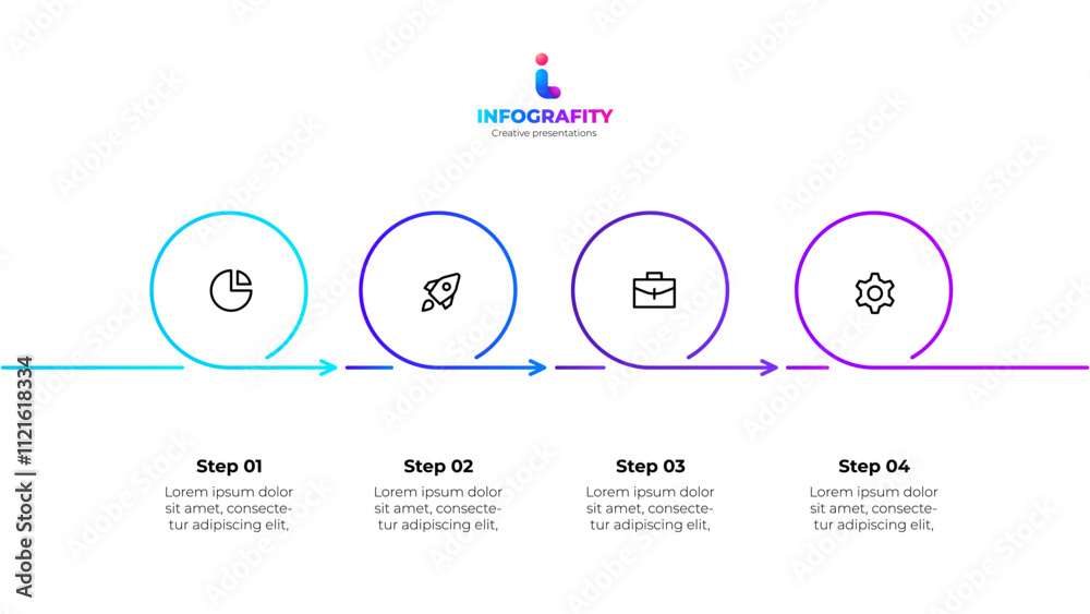 Poster Outline infographic template representing a four step process with icons, arrows, gradient color scheme and space for text