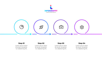 Outline infographic template representing a four step process with icons, arrows, gradient color scheme and space for text