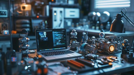 Showcase a coding and robotics workshop with robotic parts, programming manuals, and a laptop. 
