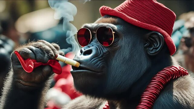 funny gorilla red sunglasses celebrating party blowing striped horn birthday animal celebration anniversary ape awesome big blower blowout carnival celebrate cheer colours concept cool