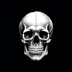 black silhouette of a human skull. The skull is depicted in a frontal view, showing the eye sockets, nasal cavity, and teeth. The eye sockets are large and oval-shaped