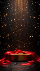 Golden display platform with red ribbon