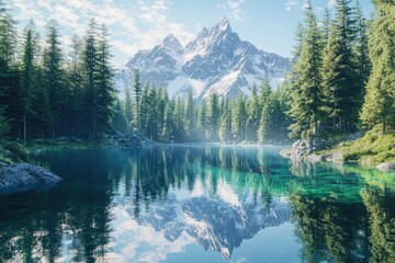 Serene mountain lake reflecting majestic snow-capped peaks amidst lush evergreen forest.