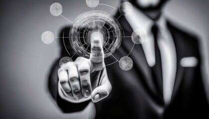 Businessman hand touching media screen icons 