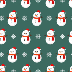 Vector Christmas pattern with snowmen and white snowflakes on turquoise background