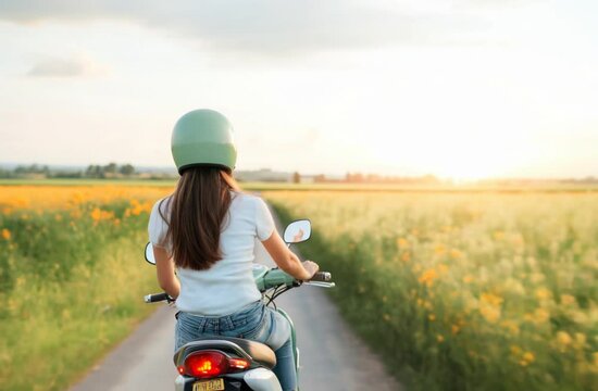 Young woman with helmet riding a motorcycle through flower fields. Rear view.