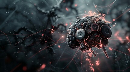 Showcase a conceptual vector illustration of a brain with interconnected gears and abstract lines.