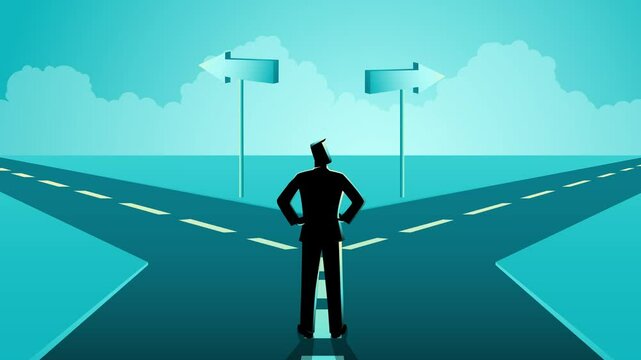 Business concept motion graphics of a businessman choosing which path he should go