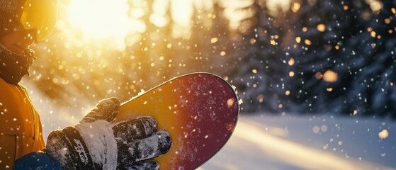 Naklejka premium Winter Snowboarding Adventure: Close-up of a Snowboarder Holding a Colorful Board Under a Golden Sunset in a Snowy Landscape