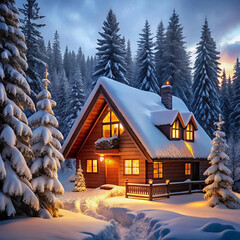 A cozy winter cabin nestled among snow-covered pine trees, with smoke curling