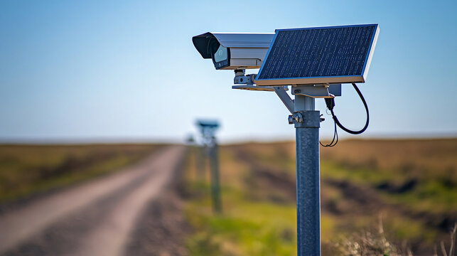 Solar-powered surveillance cameras monitoring isolated rural roads for safety.