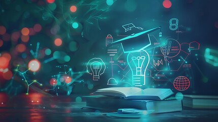 Showcase a digital learning platform screen, a graduation hat on a book, and a glowing lightbulb with educational icons around. 