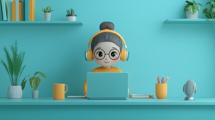 Cute cartoon character working on laptop in modern office