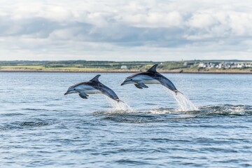 Acrobatic Dolphins Jumping Over Calm Waters Against a Scenic Coastal Background â€“ Natures Grace in Action