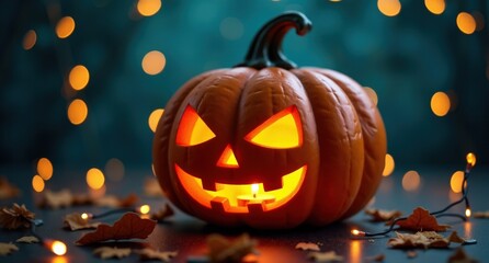 Jack-o'-Lantern – A carved pumpkin with a glowing candle inside, surrounded by orange and gold light, with golden fireflies dancing around a dark background, creating a spooky atmosphere.