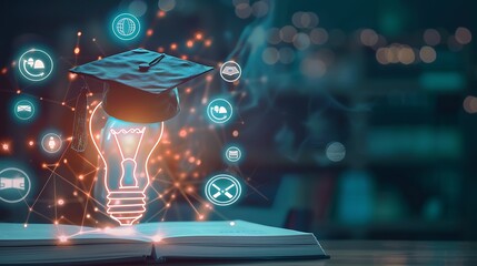 Showcase a digital learning platform screen, a graduation hat on a book, and a glowing lightbulb with educational icons around. 