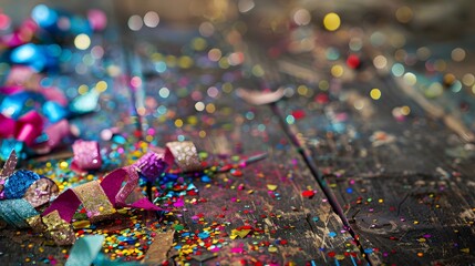 Fototapeta premium Colorful confetti and streamers scattered on a wooden surface, celebrating a festive occasion.