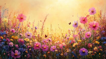 Naklejka premium Vibrant Floral Landscape with Colorful Blooms and Butterflies