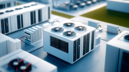 A detailed view of industrial cooling units in a modern facility, showcasing advanced air conditioning technology in a geometric layout.