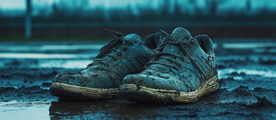 Running shoes, severely damaged, soaked and dirty, placed on a track field after heavy rain, cinematic realism" 